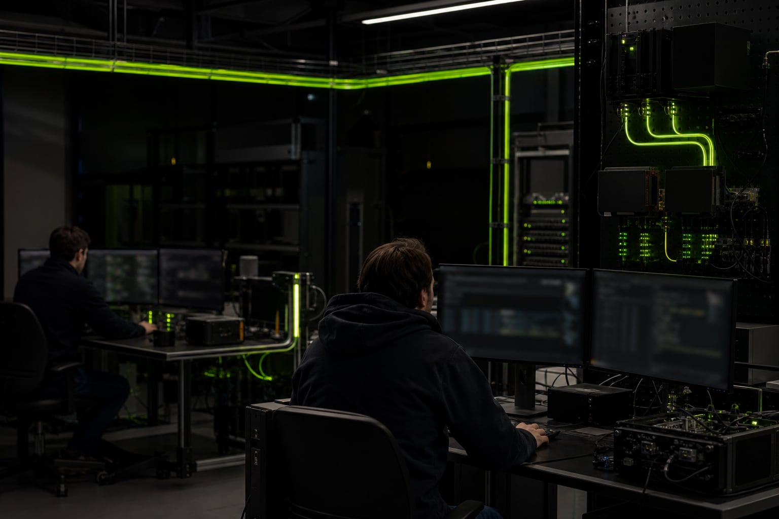 Engineers monitoring AI systems and computing equipment