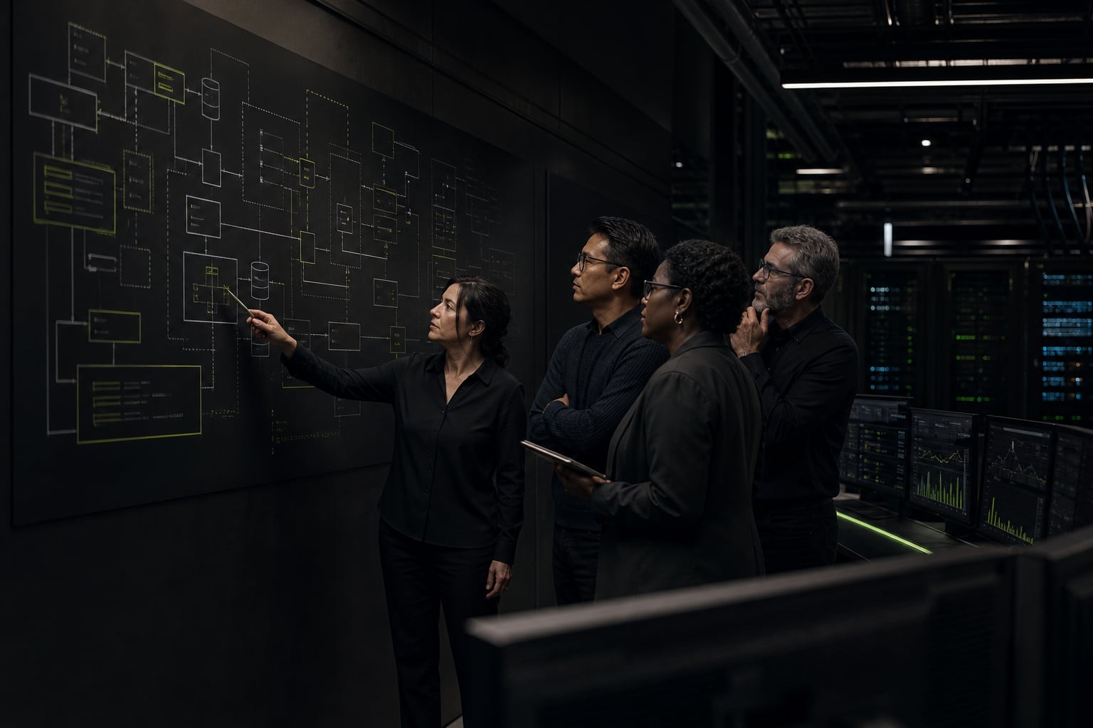 Engineering and business leaders reviewing a technology governance architecture