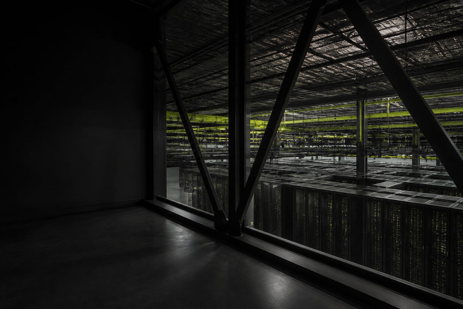 Server racks in a dark data center with lime-lit infrastructure