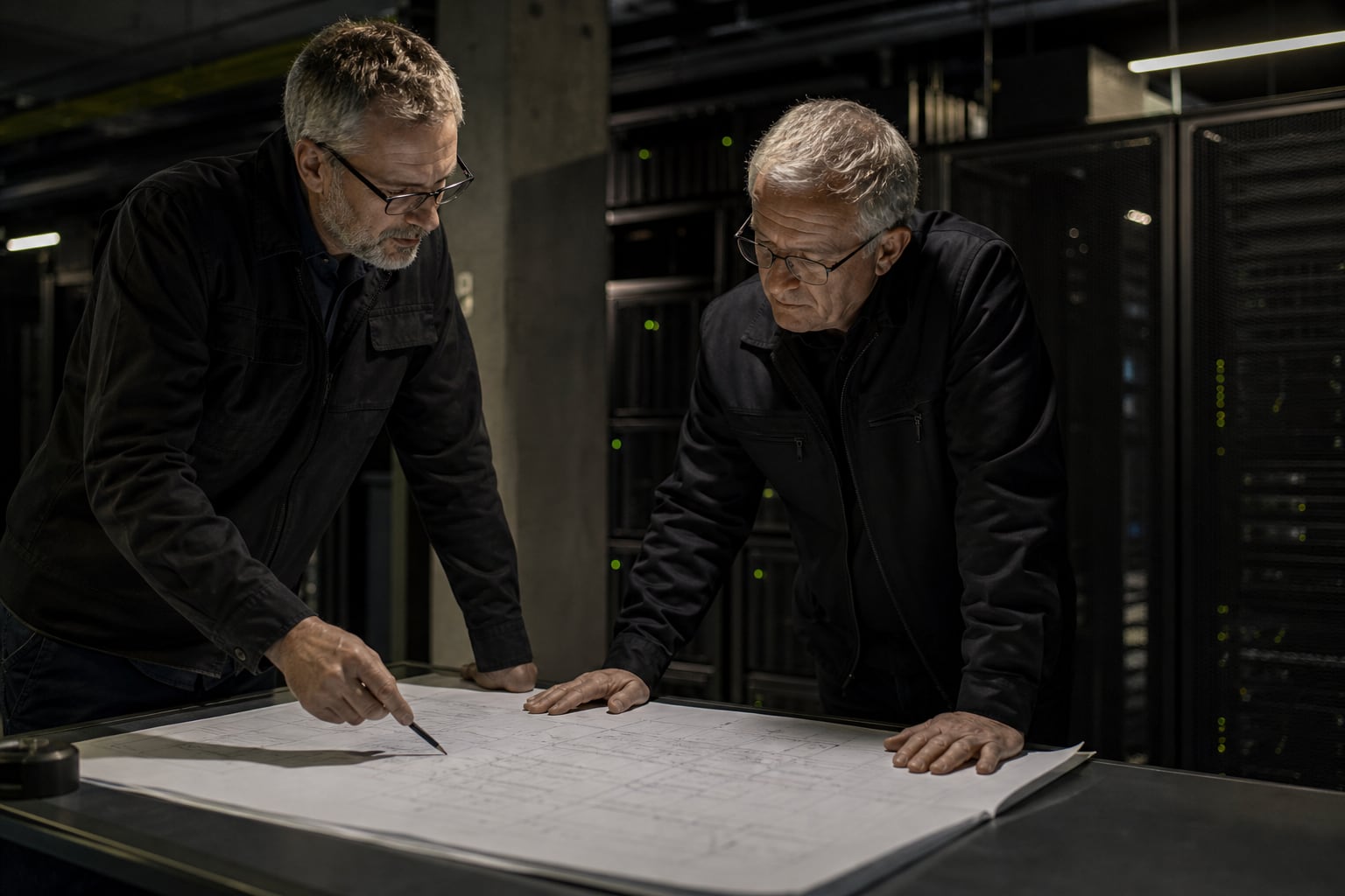 Two engineers reviewing infrastructure plans in a data center